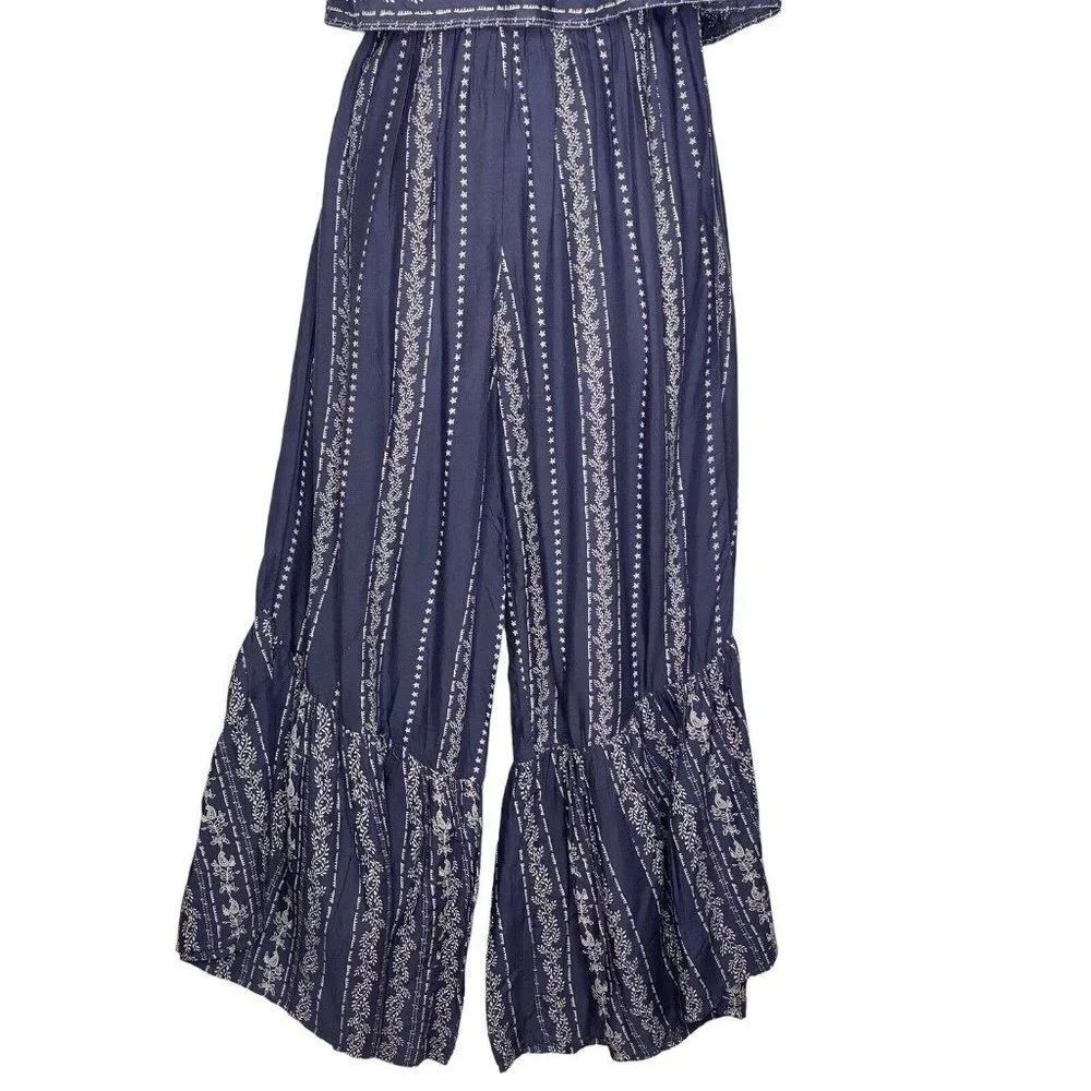 Japna Wide Leg Romper Women's Blue Flare‎ Strapless Smocked Jumpsuit SZ XS